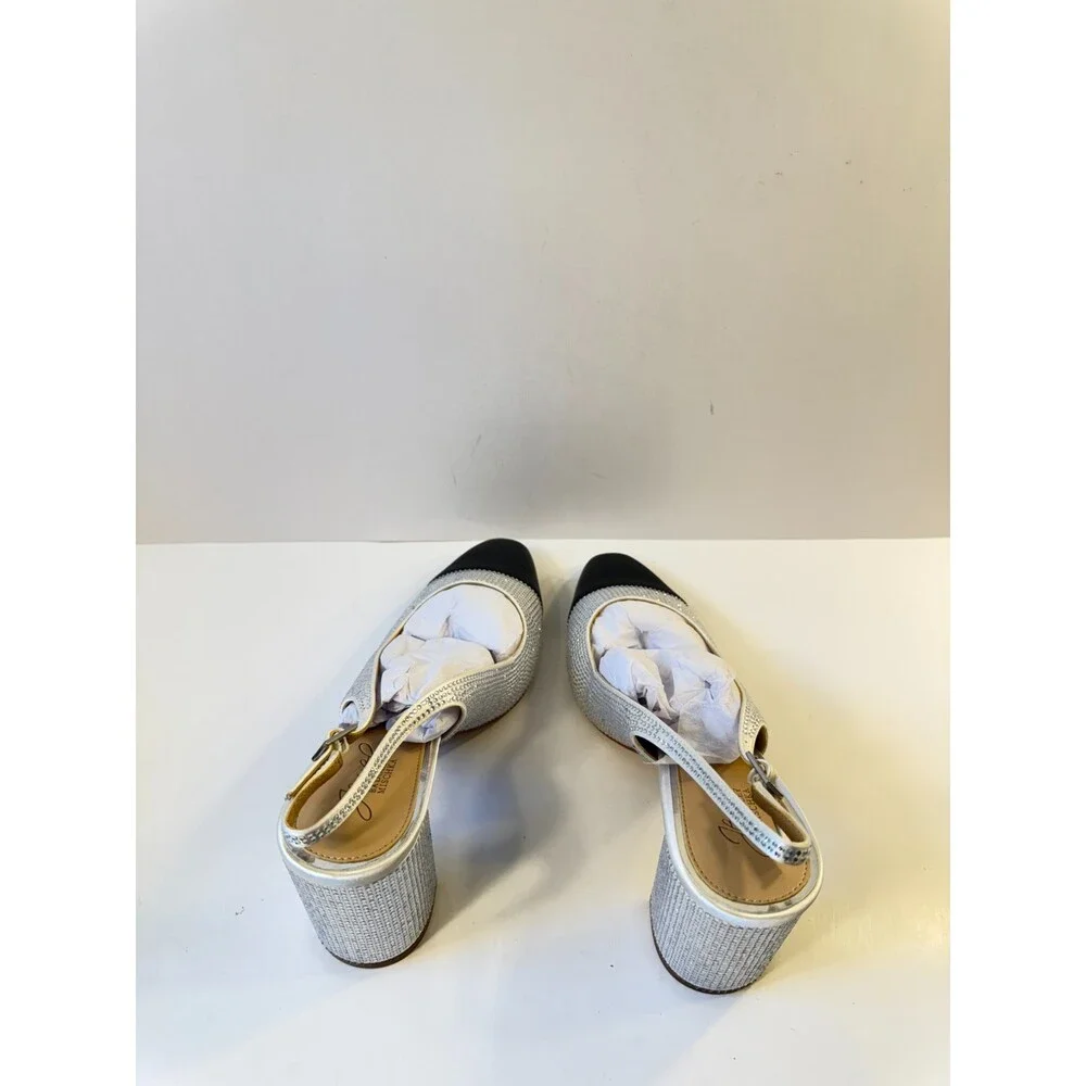 Badgley Mischka Womens Slingback Block Heels Black Silver Rhinestone US 9
